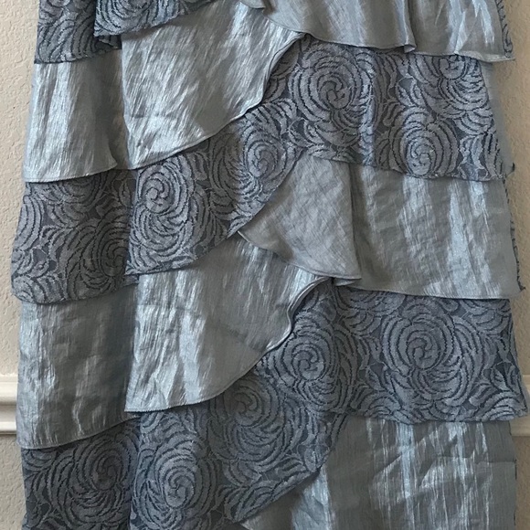 London Times Metallic Blue Lace Trim Ruffle Dress - Picture 10 of 15